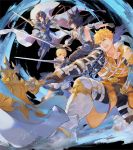  4boys animal_ears armor armored_boots arthur_(granblue_fantasy) bangs black_background black_gloves black_hair blonde_hair blue_eyes boots cape detached_sleeves erune gauntlets gloves granblue_fantasy green_eyes hair_between_eyes highres holding holding_sword holding_weapon lancelot_(granblue_fantasy) male_focus mordred_(granblue_fantasy) multiple_boys open_mouth polearm ponytail red_eyes shorts siruphial sleeveless sword vane_(granblue_fantasy) weapon 