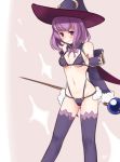  1girl bare_shoulders bikini blush boa_(brianoa) bow bowtie breasts embarrassed fate/grand_order fate_(series) feet_out_of_frame hat helena_blavatsky_(fate/grand_order) highleg highleg_bikini looking_at_viewer medium_breasts parted_lips purple_bikini purple_eyes purple_hair purple_legwear purple_neckwear short_hair signature solo swimsuit thighhighs wavy_mouth witch_hat 