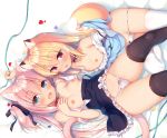  2girls animal_ears aqua_eyes blush breasts cameltoe catgirl choker dress foxgirl long_hair nipples original panties petals pink_hair red_eyes ribbons sazaki_ichiri skirt_lift tail thighhighs twintails underwear 