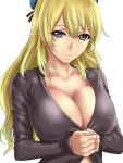  1girl atago_(kantai_collection) blonde_hair blue_eyes blue_headwear blush breasts cardigan casual cleavage closed_mouth covered_nipples eyebrows_visible_through_hair hat highres huge_breasts ishii_hisao kantai_collection long_hair long_sleeves looking_at_viewer own_hands_together simple_background smile solo upper_body white_background 