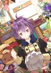  1girl absurdres bangs bernadetta_von_varley black_eyes blush button_eyes closed_mouth double-breasted drawer dutch_angle embroidery_hoop eyebrows_visible_through_hair fire_emblem fire_emblem:_three_houses fringe_trim garreg_mach_monastery_uniform glint highres holding indoors jar kero_sweet long_sleeves messy_hair needle pennant pincushion plant purple_hair school_uniform sewing sewing_needle short_hair signature smile solo stuffed_animal stuffed_toy teddy_bear upper_body 