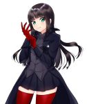  1girl adapted_costume amamiya_ren amamiya_ren_(cosplay) bangs black_hair black_jacket black_skirt blunt_bangs blush cosplay cowboy_shot eyebrows_visible_through_hair gloves green_eyes highres jacket kurosawa_dia long_hair long_sleeves looking_at_viewer love_live! love_live!_sunshine!! mole mole_under_mouth red_gloves red_legwear shiny shiny_hair sidelocks simple_background skirt smile solo standing sweetie_cyanide thighhighs thighs very_long_hair white_background 