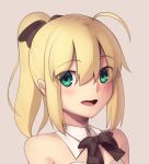  1girl :d ahoge artoria_pendragon_(all) boa_(brianoa) bow bowtie brown_bow detached_collar eyebrows_visible_through_hair fate/unlimited_codes fate_(series) green_eyes hair_between_eyes hair_bow highres looking_at_viewer open_mouth ponytail saber_lily smile solo 