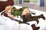  1girl artist_name ass bangs bed blue_eyes boots brown_footwear brown_legwear commentary commission copyright_request elf eyebrows_visible_through_hair green_jacket gun indoors jacket looking_at_viewer lying no_panties on_side parted_lips pointy_ears short_sleeves smile solo thighhighs unsomnus weapon 