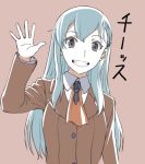  1girl :d blue_hair brown_background brown_jacket eyebrows_visible_through_hair grey_eyes grin hair_ornament hairclip hand_up ishii_hisao jacket kantai_collection long_sleeves looking_at_viewer neckerchief open_mouth orange_neckwear simple_background smile solo suzuya_(kantai_collection) upper_body waving 