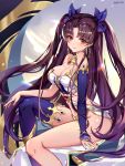  1girl absurdres bangs black_bow black_hair black_legwear bow breasts cleavage closed_mouth earrings fate/grand_order fate_(series) hair_bow heavenly_boat_maanna highres hoop_earrings ishtar_(fate)_(all) ishtar_(fate/grand_order) jewelry long_hair looking_at_viewer medium_breasts melailai navel parted_bangs red_eyes shiny shiny_hair shiny_skin single_thighhigh smile solo thighhighs toosaka_rin two_side_up 