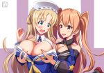  2girls black_gloves blonde_hair blue_eyes blue_shirt breast_grab breasts brown_eyes cleavage commentary_request double_bun fletcher_(kantai_collection) gloves grabbing hairband johnston_(kantai_collection) kantai_collection large_breasts light_brown_hair long_hair medium_breasts multiple_girls neckerchief off_shoulder open_mouth roku_(roku28) sailor_collar school_uniform serafuku shirt single_glove two-tone_background two_side_up united_states_medal_of_honor white_gloves white_sailor_collar yellow_neckwear 
