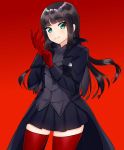  1girl adapted_costume amamiya_ren amamiya_ren_(cosplay) bangs black_hair black_jacket black_skirt blunt_bangs blush cosplay cowboy_shot eyebrows_visible_through_hair gloves green_eyes highres jacket kurosawa_dia long_hair long_sleeves looking_at_viewer love_live! love_live!_sunshine!! mole mole_under_mouth persona persona_5 red_background red_gloves red_legwear shiny shiny_hair sidelocks simple_background skirt smile solo standing sweetie_cyanide thighhighs thighs very_long_hair 