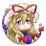  1girl avatar_icon blonde_hair blush bow chamaji check_commentary close-up commentary_request eyebrows_visible_through_hair eyes gap hair_between_eyes hair_ribbon hat hat_ribbon jitome long_hair looking_at_viewer looking_back lowres mob_cap purple_eyes ribbon sidelocks signature simple_background smile solo touhou tress_ribbon upper_body white_background yakumo_yukari 