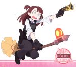  1girl absurdres alarm_siren alternate_costume artist_name bangs black_footwear black_gloves blue_neckwear broom broom_riding brown_hair bulletproof_vest collared_shirt eyebrows_visible_through_hair full_body gloves gun half_updo highres holding holding_weapon holster kagari_atsuko little_witch_academia long_hair long_sleeves looking_away necktie once_11h open_mouth pants ringed_eyes shirt shoes sleeves_folded_up solo taser upper_teeth weapon white_background white_shirt 