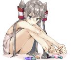  1girl absurdres alternate_costume amatsukaze_(kantai_collection) bare_shoulders barefoot black_panties brown_eyes dress hair_tubes hands_on_feet highres kantai_collection long_hair manicure nail_polish nail_polish_bottle painting_nails panties pantyshot pureko silver_hair simple_background sitting solo two_side_up underwear white_background white_dress windsock 