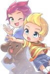  1boy 1girl blonde_hair blue_eyes commentary_request dog green_eyes highres kumatora looking_at_viewer lucas mother_(game) mother_3 one_eye_closed open_mouth pink_hair shirt short_hair simple_background smile striped striped_shirt white_background 
