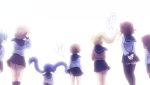  6+girls ahoge arms_behind_back black_legwear black_sailor_collar black_skirt blonde_hair brown_hair brown_sweater character_request commentary_request facing_away from_behind hair_ornament hair_scrunchie hands_together inose_mai kneehighs koisuru_asteroid konohata_mira long_hair manaka_ao morino_mari multiple_girls own_hands_together pleated_skirt ponytail prehensile_hair purple_hair sailor_collar sakurai_mikage school_uniform scrunchie serafuku shirosato shirt simple_background skirt sweater thighhighs translation_request twintails very_long_hair white_background white_shirt yellow_scrunchie 