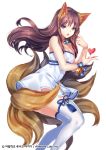  1girl animal_ears bangs bell blue_eyes breasts brown_hair cleavage dress eyebrows_visible_through_hair floating_hair fox_ears fox_tail hair_between_eyes heart interitio jewelry long_hair looking_at_viewer medium_breasts multiple_tails necklace open_mouth original pleated_dress ribbon shiny shiny_hair short_dress simple_background sleeveless sleeveless_dress solo strapless strapless_dress tail thighhighs very_long_hair white_background white_dress white_legwear wrist_ribbon zettai_ryouiki 