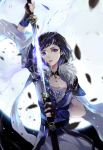  1girl black_hair blue_eyes breasts cleavage dress gradient_hair highres holding holding_sheath holding_sword holding_weapon long_sleeves looking_at_viewer moonlight_blade multicolored_hair parted_lips purple_hair sheath shiny shiny_hair short_hair small_breasts solo standing sword unsheathing vardan weapon white_dress 