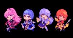  4girls :q alisha_(heirror) arrow axe black_background black_gloves blue_hair braid breasts brown_eyes chibi cleavage closed_mouth crown_braid dress earrings fire_emblem fire_emblem:_three_houses gloves grin hair_ornament hilda_valentine_goneril holding holding_arrow holding_axe jewelry leonie_pinelli long_hair long_sleeves lysithea_von_ordelia marianne_von_edmund multiple_girls one_eye_closed open_mouth orange_eyes orange_hair pink_eyes pink_hair ponytail red_gloves simple_background smile tongue tongue_out white_hair 