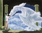  2020 blue_eyes claws digital_media_(artwork) dragon feathered_wings feathers feral fur hair hi_res human legendary_pok&eacute;mon male mammal nintendo pok&eacute;mon pok&eacute;mon_(species) realistic reshiram sky t-ace_juice video_games white_body wings 