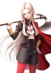  1girl absurdres aiguillette axe bangs black_shorts breasts cape csc00014 edelgard_von_hresvelg fire_emblem fire_emblem:_three_houses garreg_mach_monastery_uniform gloves hair_ribbon hand_on_hip highres long_hair long_sleeves looking_at_viewer neckerchief over_shoulder pantyhose parted_bangs purple_eyes red_legwear ribbon shorts silver_hair simple_background small_breasts solo weapon weapon_over_shoulder white_background white_gloves 