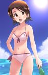  1girl :d bangs bikini blue_sky bottle breasts brown_eyes brown_hair cleavage cloud cloudy_sky commentary_request cowboy_shot day front-tie_bikini front-tie_top girls_und_panzer groin hand_on_hip highres holding holding_bottle horizon looking_at_viewer medium_breasts navel ocean open_mouth osamada_meika outdoors parted_bangs purple_bikini sawa_azusa shiny shiny_skin short_hair sky smile solo standing sun swimsuit 