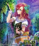  1girl :d basket blue_eyes breasts brown_headband bustier curly_hair dress food frilled_headband fruit grapes hair_ornament holding holding_basket interitio long_hair medium_breasts open_mouth outdoors red_hair short_sleeves smile solo standing tenkuu_no_crystalia very_long_hair white_dress wrist_cuffs 