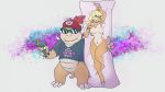  2019 anthro blonde_hair body_pillow bottomless breasts clothed clothing english_text eyewear featureless_breasts female gun hair hat headgear headwear horn koopa male mario_bros nintendo nude pillow princess_koopa ranged_weapon scalie sharkrags simple_background smile solo spikes standing sunglasses text video_games weapon 