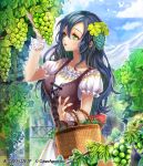  1girl basket blue_hair blurry blurry_background bustier curly_hair day dress food fruit gradient_hair grapes green_eyes hair_between_eyes hair_ornament holding holding_basket interitio lens_flare long_hair multicolored_hair open_mouth outdoors ribbon-trimmed_sleeves ribbon_trim shiny shiny_hair short_sleeves solo standing tenkuu_no_crystalia two-tone_hair very_long_hair white_dress wrist_cuffs 