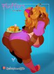  &lt;3 &lt;3_eyes 2020 accessory anthro bent_over big_breasts blonde_hair breasts brown_eyes brown_nose butt clothed clothing digital_media_(artwork) english_text female food geeflakes hair hair_accessory hair_bow hair_ribbon hi_res honey_mandise mammal pancake patreon plate ribbons signature solo text url ursid 