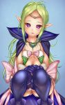  1girl blue_background bow cape circlet fire_emblem fire_emblem_awakening green_hair highres long_hair nowi_(fire_emblem) parted_lips pink_bow pointy_ears purple_eyes shounen_(hogehoge) simple_background solo squatting 