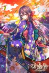  1girl age_of_ishtaria bangs bow brown_hair closed_mouth day eyebrows_visible_through_hair feathered_wings floating_hair floral_print hair_between_eyes hair_bow interitio japanese_clothes kimono long_hair looking_at_viewer orange_sky outdoors pink_eyes print_kimono purple_kimono red_bow shiny shiny_hair sky sleeves_past_fingers sleeves_past_wrists smile solo very_long_hair white_wings wide_sleeves wings 