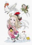  1boy 1girl animal bird blonde_hair blue_eyes bow bravely_default:_flying_fairy bravely_default_(series) chick chicken edea_lee geta hair_bow hair_ornament highres ikusy japanese_clothes kimono kite nobutsuna_kamiizumi official_art pink_kimono rooster smile tabi thumbs_up 