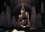  1girl bed_sheet blue_eyes crystal_ball curtains ghost highres kururi light_particles looking_at_viewer original rainbow short_hair sitting smile solo sweater wheelchair white_sweater 