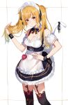  1girl alternate_costume apron bangs bare_shoulders black_bow black_legwear black_ribbon black_skirt blonde_hair blue_hair blush bow breasts cat_tail cleavage closed_mouth collar collarbone detached_collar enmaided eyebrows_visible_through_hair frilled_apron frills garter_straps gradient_hair hand_in_hair hand_on_hip head_tilt heart highres isshiki_(ffmania7) kemonomimi_mode long_hair looking_at_viewer maid maid_headdress medium_breasts multicolored_hair nijisanji off-shoulder_shirt off_shoulder pleated_skirt puffy_short_sleeves puffy_sleeves red_eyes ribbon shirt short_sleeves signature skirt solo suspender_skirt suspenders tail tail_raised tail_ribbon takamiya_rion thighhighs twintails twitter_username very_long_hair virtual_youtuber waist_apron white_apron white_background white_collar white_shirt wing_collar wristband 