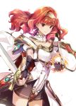  1girl black_gloves celica_(fire_emblem) closed_mouth dress fingerless_gloves fire_emblem fire_emblem_echoes:_shadows_of_valentia gloves highres holding holding_sword holding_weapon long_hair misu_kasumi red_eyes red_hair simple_background solo sword tiara weapon white_background 