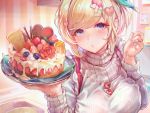  apron blonde_hair blue_eyes breast_hold breasts cake chocolate close food fruit original pocky strawberry tocope 