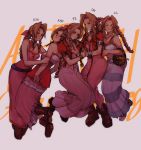  5girls aerith_gainsborough basket boots bracelet breasts brown_footwear brown_hair cleavage crisis_core_final_fantasy_vii cropped_jacket dress drill_hair final_fantasy final_fantasy_vii final_fantasy_vii_remake flower_basket highres holding_another&#039;s_arm holding_hands jacket jewelry kingdom_hearts kingdom_hearts_i kingdom_hearts_ii looking_at_viewer multiple_girls multiple_persona pink_dress red_jacket sera_(serappi) smile striped striped_dress twin_drills 