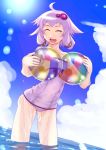  1girl ahoge ass ball bangs beachball blue_sky closed_eyes cloud collarbone day flat_chest hair_ornament highres holding light_blush open_mouth purple_hair short_hair_with_long_locks skindentation sky smile solo soon strapless strapless_swimsuit swimsuit vocaloid wading water wet yuzuki_yukari 