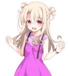  1girl bangs bare_arms bare_shoulders blush double_bun dress eyebrows_visible_through_hair fate/kaleid_liner_prisma_illya fate_(series) hair_between_eyes hands_up illyasviel_von_einzbern light_brown_hair long_hair looking_at_viewer open_mouth pink_dress red_eyes simple_background sleeveless sleeveless_dress solo soukai_(lemonmaiden) white_background 