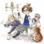  2boys 2girls agnes_oblige black_legwear bravely_default:_fairy&#039;s_effect bravely_default_(series) bravely_second:_end_layer brown_hair capri_pants cat cattail flower glasses grey_hair hair_flower hair_ornament highres ikusy long_hair magnolia_arch multiple_boys multiple_girls official_art one_eye_closed over-kneehighs pants plant red_eyes scarf sitting smile sweater sweater_vest thighhighs tiz_oria white_hair yew_geneolgia 