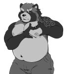  1:1 2019 anthro belly bottomwear canid canine cigarette clothing gyobu hi_res humanoid_hands male mammal monochrome moobs navel nipples overweight overweight_male pants raccoon_dog scar simple_background smoking solo tanuki tattoo tokyo_afterschool_summoners video_games yu_chi_i 