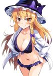  1girl absurdres bangs bikini black_bikini black_headwear blonde_hair blush bow braid breasts cleavage commentary_request cowboy_shot e.o. eyebrows_visible_through_hair frilled_bikini frills groin hair_between_eyes hair_bow hands_on_hips hat hat_bow highres kirisame_marisa long_hair long_sleeves looking_at_viewer medium_breasts navel nose_blush open_clothes open_shirt purple_bow shirt simple_background single_braid smile solo standing stomach swimsuit touhou v-shaped_eyebrows very_long_hair white_background white_shirt witch_hat yellow_eyes 