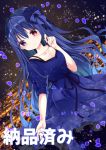  1girl bangs blue_dress blue_hair blush breasts closed_mouth collarbone copyright_request dress eyebrows_visible_through_hair frilled_dress frills hair_between_eyes hand_up heterochromia long_hair looking_at_viewer nanase_nao official_art petals puffy_short_sleeves puffy_sleeves purple_eyes purple_ribbon red_eyes ribbon short_sleeves small_breasts smile solo translation_request very_long_hair 