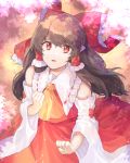  1girl ascot bangs bare_shoulders bow brown_hair cheunes commentary detached_sleeves eyebrows_visible_through_hair frilled_bow frilled_shirt_collar frills hair_bow hair_tubes hakurei_reimu highres long_hair long_sleeves looking_at_viewer open_mouth red_bow red_eyes red_skirt sidelocks skirt skirt_set solo touhou wide_sleeves yellow_neckwear 