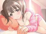  1girl bangs blush breasts brown_hair cleavage curtains day holding_hands indoors jacket looking_at_viewer on_bed original pillow pink_jacket pink_shorts short_twintails shorts small_breasts smile solo_focus tsukana_(saba_mizore) twintails window 