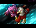  2000 5:4 angry angry_at_each_other aqua_background avian beak biyomon black_bars black_claws blue_eyes bodily_fluids claws digimon digimon_(species) feathers female fight hawkmon letterbox low_res lululunabuna male messy_feathers open_mouth pink_body pink_feathers red_body red_claws red_feathers ring scratches teeth white_body white_feathers yellow_beak 