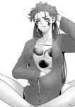  1girl breasts chest_tattoo cleavage closed_eyes cu_chulainn_(fate)_(all) cu_chulainn_alter_(fate/grand_order) earrings facial_mark fate/grand_order fate_(series) genderswap genderswap_(mtf) greyscale indian_style jewelry large_breasts long_hair mangatone monochrome nishiyama_(whatsoy) pajamas scratching_head sitting solo tattoo 