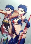  2girls bikini blue_hair breasts cape cleavage cu_chulainn_(fate)_(all) cu_chulainn_(fate/grand_order) dual_persona earrings fate/grand_order fate/stay_night fate_(series) fur-trimmed_cape fur_trim gae_bolg genderswap genderswap_(mtf) hand_on_hip jewelry lancer long_hair multiple_girls nishiyama_(whatsoy) polearm ponytail red_eyes smile spear staff swimsuit thighhighs weapon 