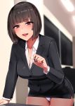  1girl breasts brown_eyes brown_hair business_suit commentary dress formal highres ishimiso_(ishimura) large_breasts microdress microskirt office_lady panties pantyshot pantyshot_(standing) pencil_skirt skirt skirt_suit smile solo standing suit underwear 