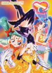  1990s_(style) blonde_hair blue_eyes blue_hair boots elbow_gloves facial_mark forehead_mark gloves green_hair grin hair_between_eyes highres holding holding_wand long_hair mahou_shoujo_pretty_sammy navel official_art open_mouth orange_eyes pink_hair pretty_sammy_(character) short_hair smile thigh_boots thighhighs twintails upside-down very_long_hair wand 