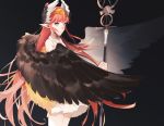  1girl aonogura blue_eyes brown_wings circe_(fate/grand_order) cowboy_shot dress fate/grand_order fate_(series) feathered_wings head_wings highres long_hair pink_hair pointy_ears solo staff standing white_dress wings 