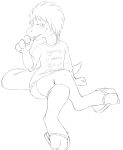  anthro bottomwear candy clothing digitigrade dinosaur dromaeosaurid food footwear hi_res kyrio lollipop male monochrome reptile sandals scalie shirt shorts sitting solo text theropod thick_tail topwear 